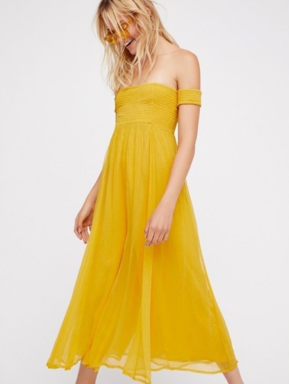 Free People Strawberry Swing Jumpsuit Medium Yellow Off Shoulder Wide Leg